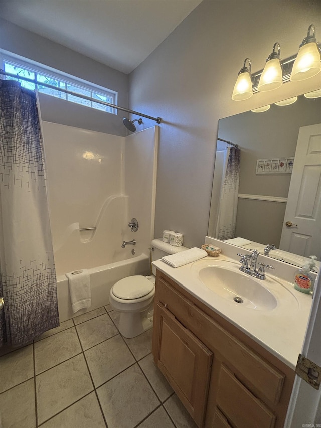 bathroom featuring tile patterned flooring, shower / bath combination with curtain, toilet, and vanity