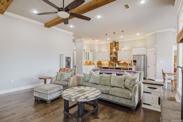 living area featuring visible vents, baseboards, and dark wood-style flooring