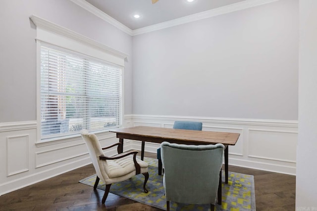 office featuring wood finished floors, recessed lighting, ornamental molding, wainscoting, and a decorative wall