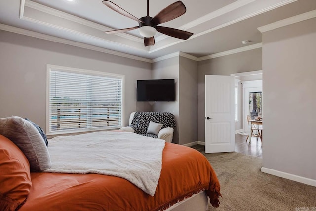 carpeted bedroom featuring multiple windows, a raised ceiling, and baseboards