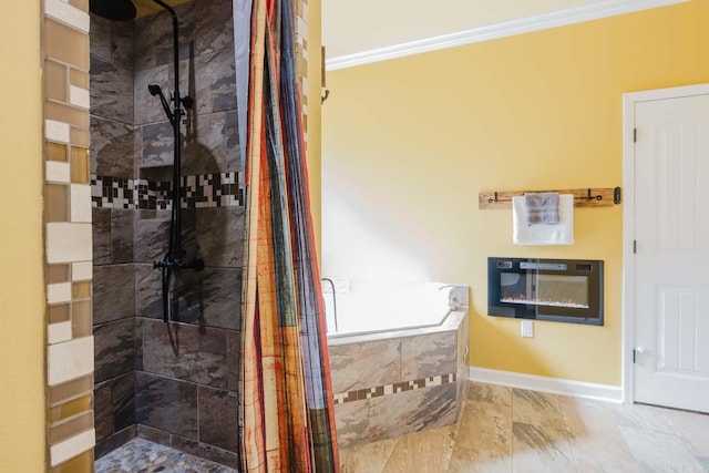 bathroom featuring a tile shower, a garden tub, baseboards, and ornamental molding