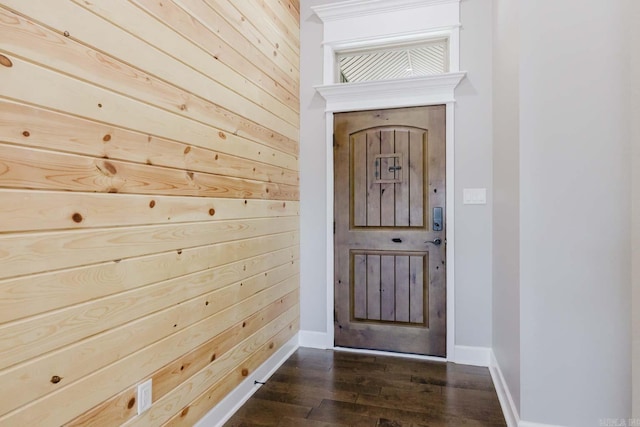 interior space featuring baseboards, dark wood-style flooring, and wood walls