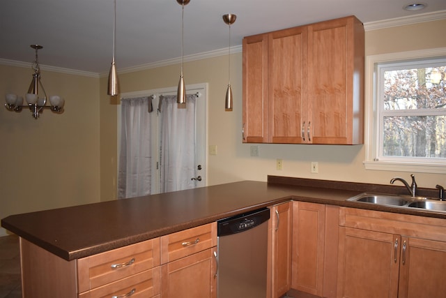 kitchen with dark countertops, dishwasher, ornamental molding, a peninsula, and a sink