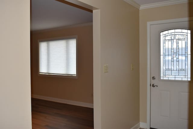 foyer entrance with wood finished floors, baseboards, and ornamental molding