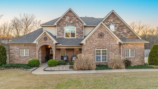 traditional-style home featuring brick siding, a shingled roof, and a front yard