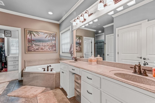 full bathroom with visible vents, a garden tub, a sink, crown molding, and double vanity