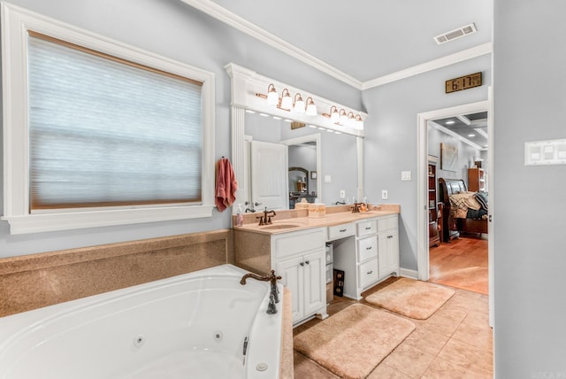 ensuite bathroom featuring visible vents, ensuite bathroom, crown molding, tile patterned flooring, and double vanity