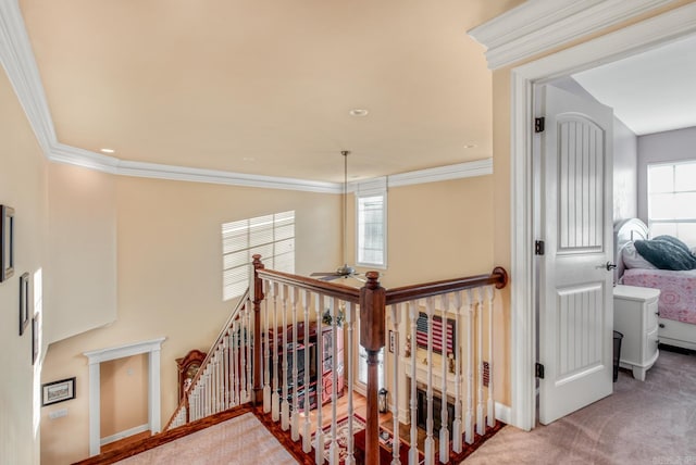 hall with crown molding, an upstairs landing, baseboards, and carpet floors