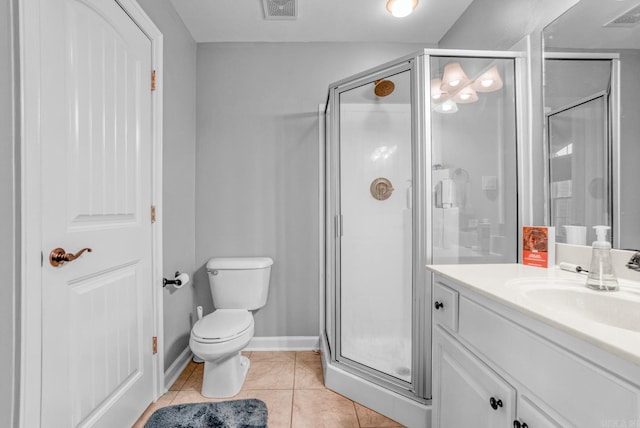 bathroom with visible vents, a shower stall, vanity, and tile patterned flooring