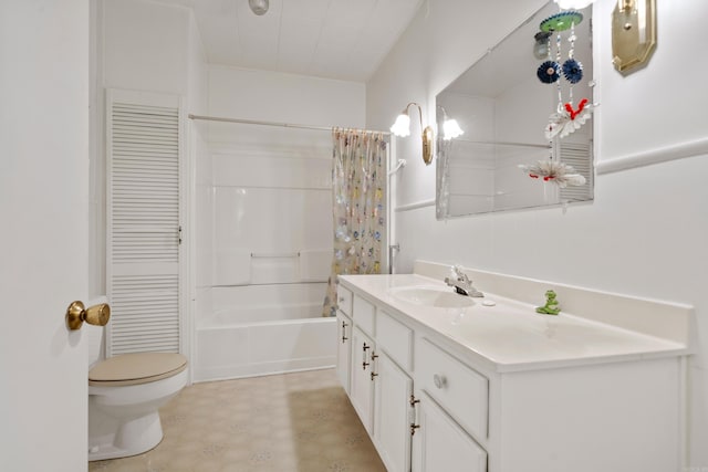 full bath featuring toilet, vanity, and shower / bath combination with curtain