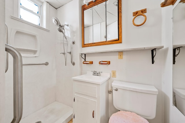 full bathroom featuring vanity, toilet, and a shower stall