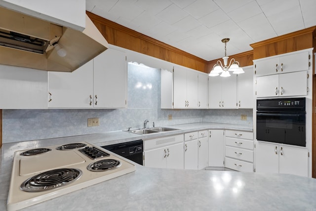 kitchen featuring ventilation hood, a sink, black appliances, light countertops, and white cabinets