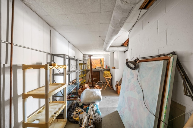 unfinished basement featuring concrete block wall