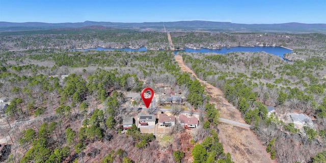 aerial view featuring a water and mountain view and a view of trees