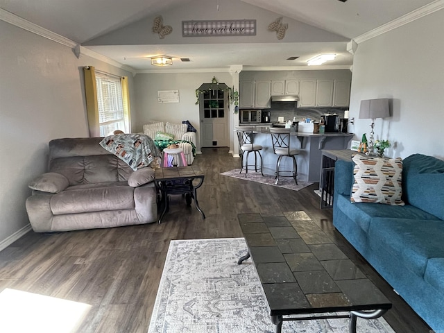 living room featuring baseboards, dark wood-style floors, crown molding, and vaulted ceiling