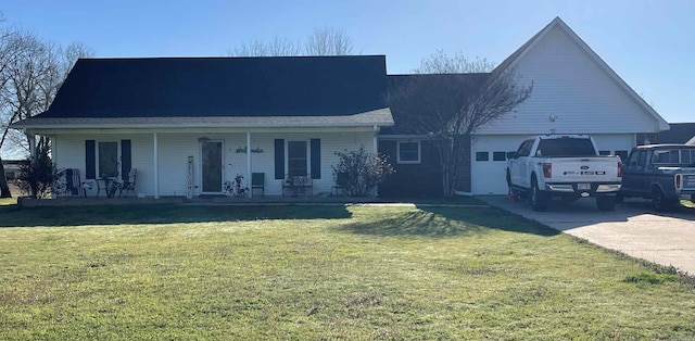 single story home with a front lawn, concrete driveway, covered porch, and a garage