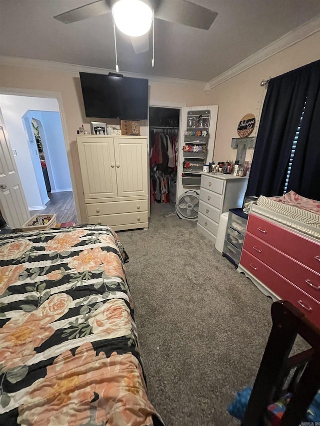 bedroom with a closet, crown molding, ceiling fan, and carpet floors