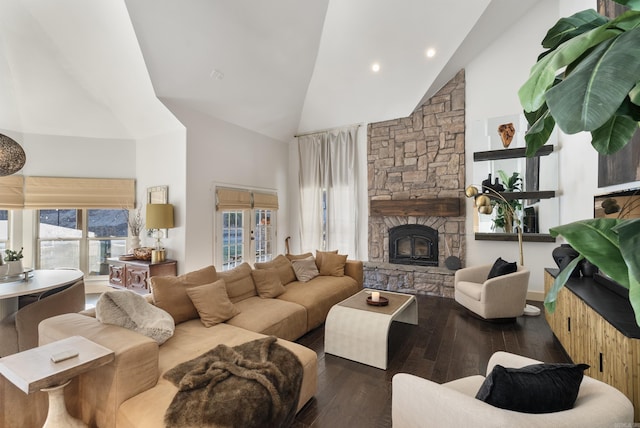 living area featuring high vaulted ceiling, hardwood / wood-style floors, and a fireplace