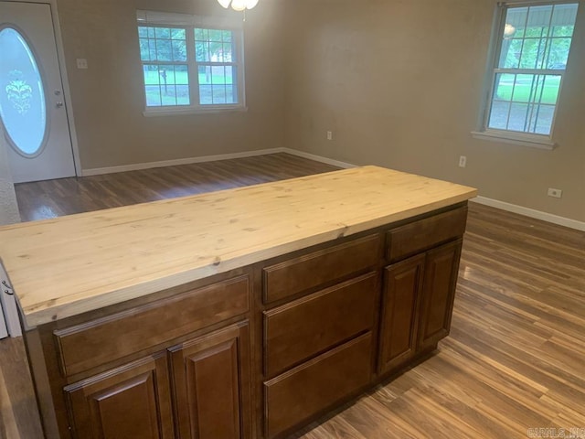 kitchen with a wealth of natural light, baseboards, wood counters, and dark wood-type flooring