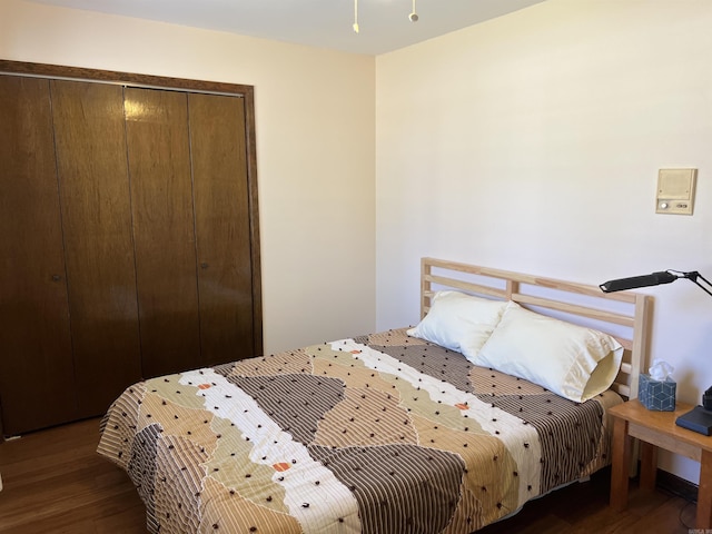 bedroom with wood finished floors and a closet