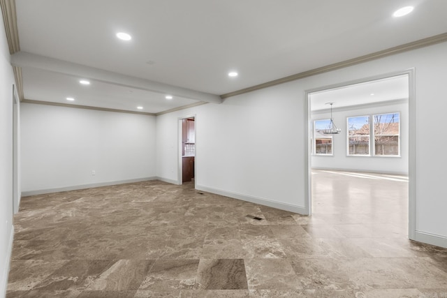 empty room featuring crown molding, recessed lighting, and baseboards