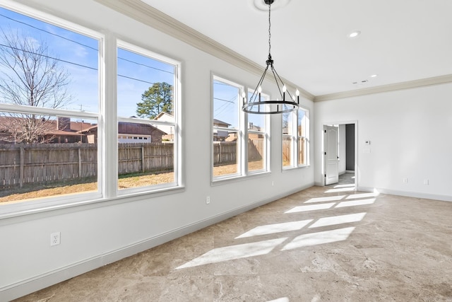 unfurnished dining area with an inviting chandelier, crown molding, recessed lighting, and baseboards