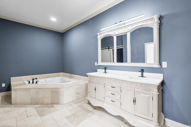 full bathroom featuring double vanity, crown molding, a garden tub, and a sink