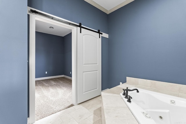 bathroom featuring a whirlpool tub and crown molding