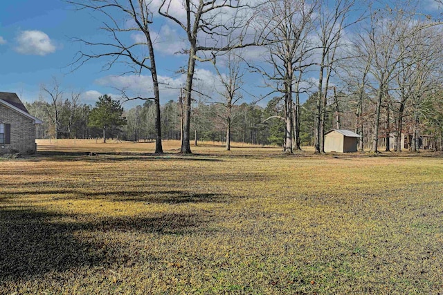 view of yard featuring a storage shed and an outdoor structure