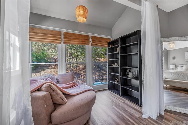 living area featuring a wealth of natural light, vaulted ceiling, and wood finished floors