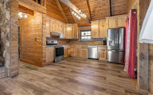 kitchen featuring stainless steel appliances, dark wood-style floors, wooden ceiling, and vaulted ceiling with beams