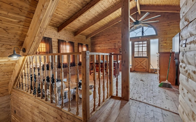 interior space featuring hardwood / wood-style floors, beam ceiling, wooden ceiling, and wood walls