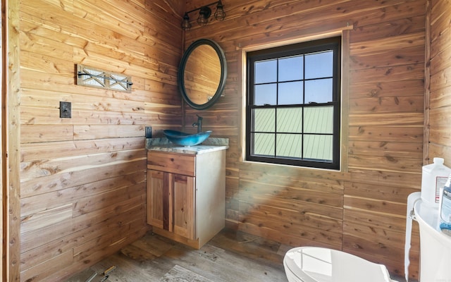 bathroom with wood walls, toilet, vanity, and wood finished floors