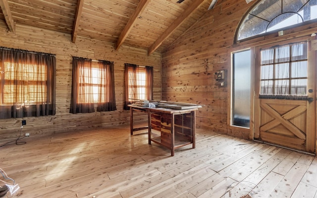 interior space with wooden walls, hardwood / wood-style floors, beam ceiling, wooden ceiling, and high vaulted ceiling