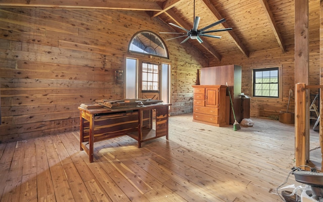 interior space featuring beam ceiling, high vaulted ceiling, light wood-style floors, wood walls, and wooden ceiling