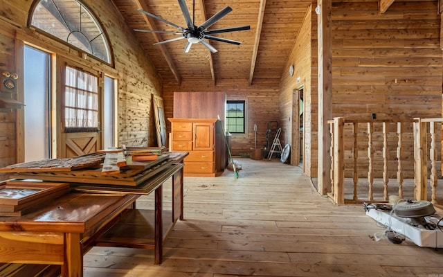 interior space with a ceiling fan, high vaulted ceiling, light wood-style flooring, wood ceiling, and wood walls