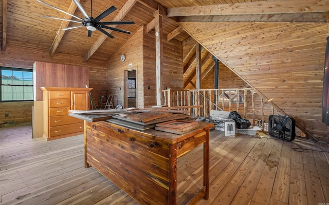 bonus room featuring beam ceiling, wooden walls, wood ceiling, and light wood finished floors