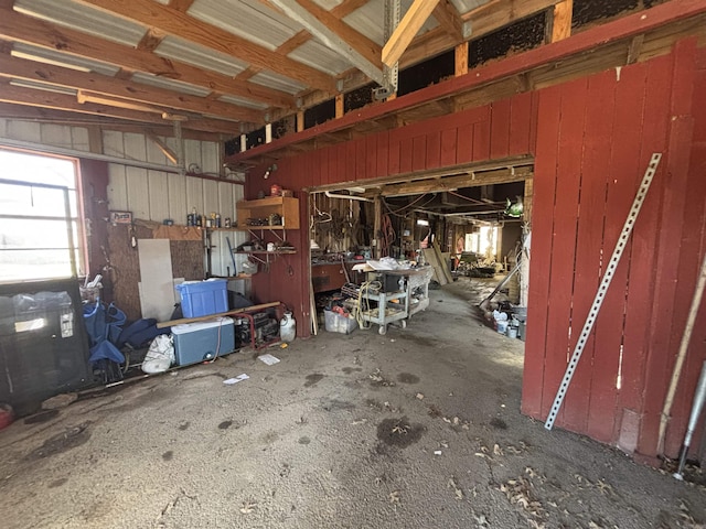 garage with a workshop area