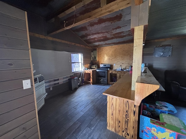 interior space with dark wood-style floors, vaulted ceiling, and a sink