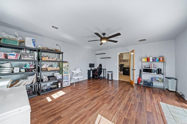 home office featuring visible vents, baseboards, wood finished floors, and a ceiling fan