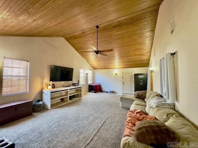 carpeted living room with ceiling fan, wood ceiling, and high vaulted ceiling