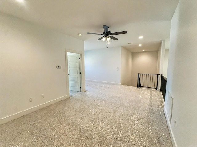 unfurnished room with visible vents, recessed lighting, baseboards, and ceiling fan