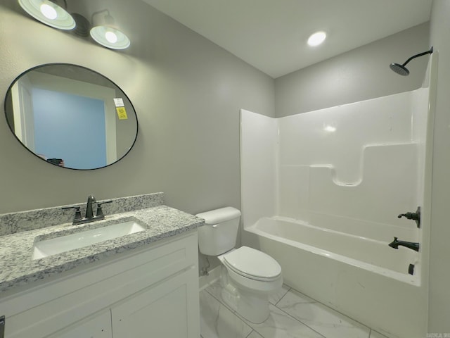 full bath featuring marble finish floor, shower / bathtub combination, toilet, and vanity