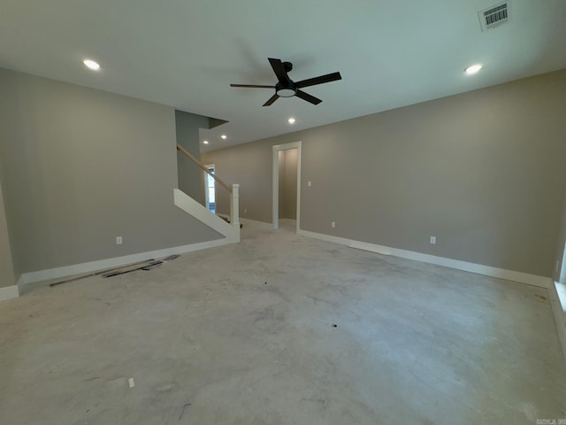 unfurnished room with stairs, recessed lighting, visible vents, and concrete floors