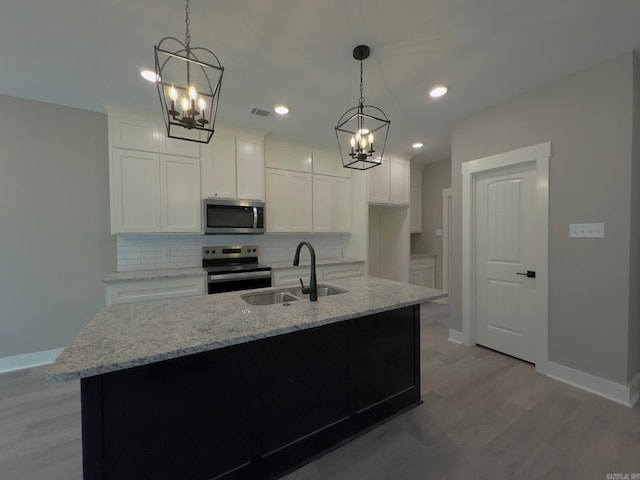 kitchen with a sink, stainless steel appliances, decorative backsplash, and white cabinetry