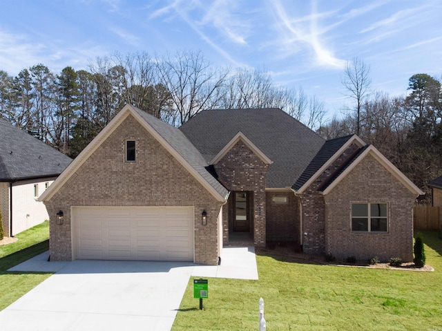 traditional-style house with a front yard, driveway, an attached garage, a shingled roof, and brick siding