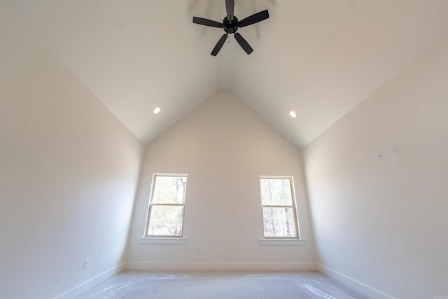 unfurnished room featuring recessed lighting, baseboards, light carpet, and ceiling fan