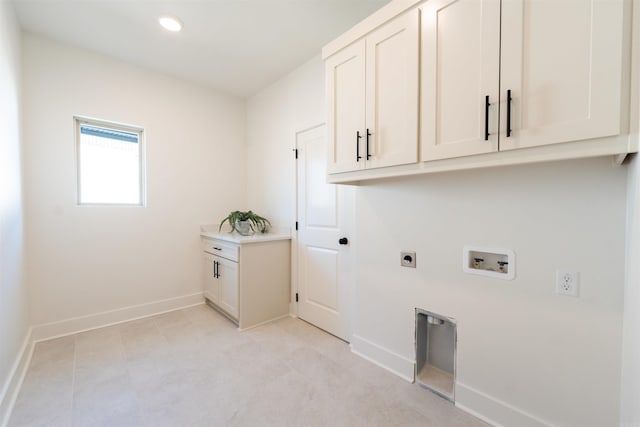 laundry room featuring washer hookup, recessed lighting, cabinet space, baseboards, and hookup for an electric dryer