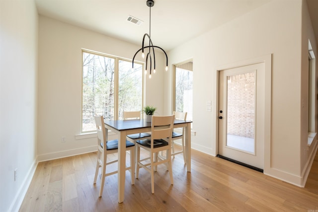 dining area featuring visible vents, baseboards, and light wood-style floors