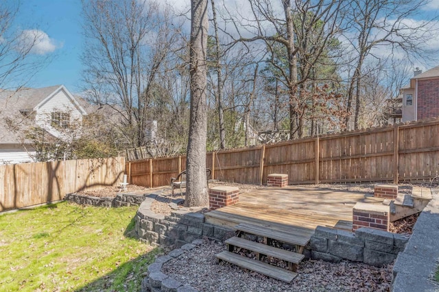 view of yard with a fenced backyard and a deck